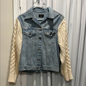 Vici Light Blue Denim Jacket with Cream Knit Sleeves